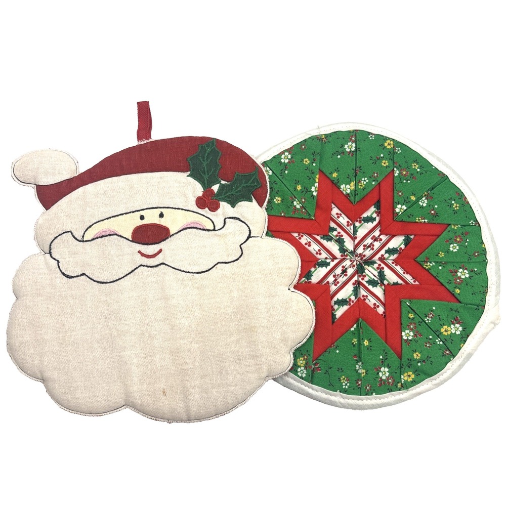 Vtg Pair Of Holiday Hot Pads Santa And Christmas Star 8"